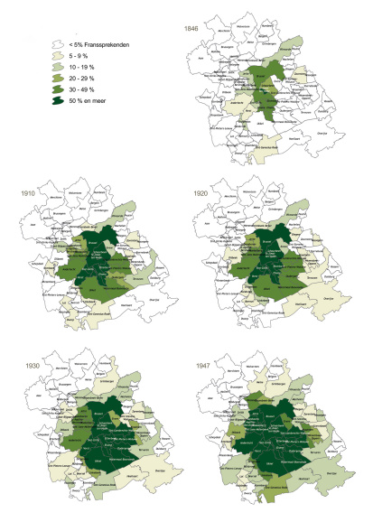 <p>Percentage Franstaligen in Brussel en in de randgemeenten, volgens de talentellingen van 1846, 1910, 1920, 1930, 1947. Kaart uit: De 19 gemeenten van het Brussels Hoofdstedelijk Gewest. Kaart uit: P. Gunst, <em>Brussel en de Vlaamse Rand, een verhaal van migraties en grenzen</em>, 2008.</p>