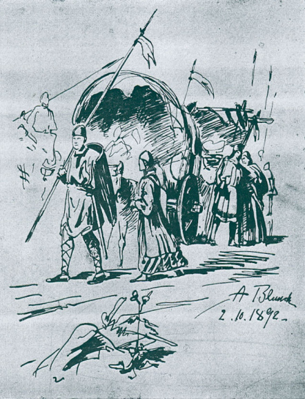 <p>Tekening van een groep 'Flamingi' die met huifkarren naar het Oosten trok als onderdeel van de Duitse kolonisatie van de Slavische gebieden ten oosten van de Elbe. Uit: Otto B&ouml;lke, <em>Auf dem Fl&auml;ming. Zwischen Wittenberg und J&uuml;terbog. &lsquo;Ein klein Vlaanderen in Duitschland&rsquo;</em>, 1936. (ADVN, D13120)</p>