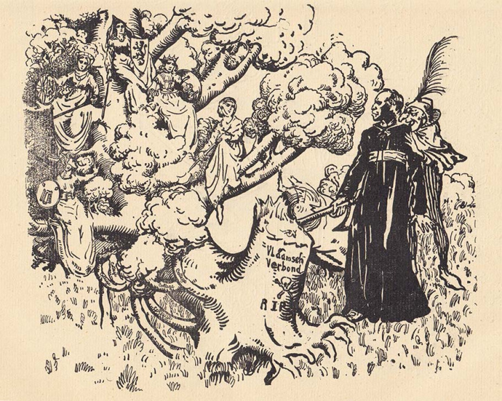 Een grimmige kardinaal Mercier hakt een stevige boom om, waaruit echter meteen de vijf sterke takken van de Vlaamse gouwgilden voortspruiten. Karikatuur op de afschaffing van het Vlaamsch Verbond in <em>Levenum nostrum</em>, bijblad van <em>Ons Leven</em>, maart 1910. (ADVN, VY1633)