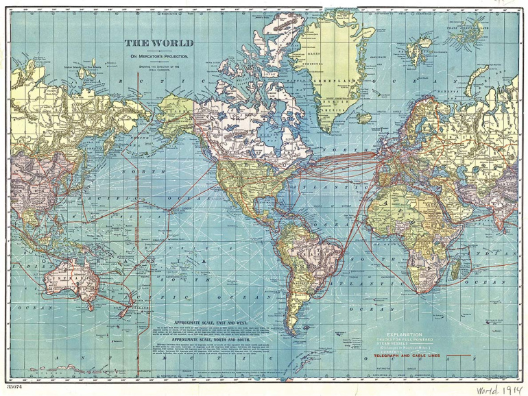 Een dicht netwerk van scheepsvaartlijnen en telegraafkabels omspant de wereld in 1914. (Wikimedia Commons)