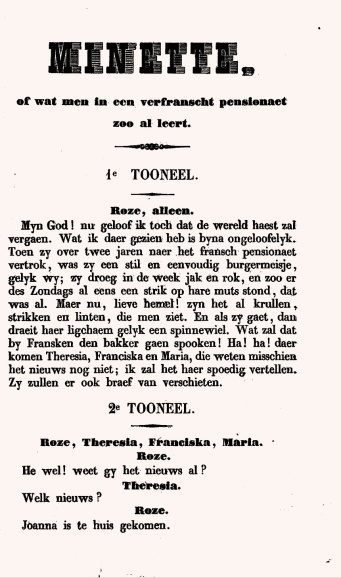 <p>Fragment uit het kindertoneel <em>Minette, of wat men in een verfranscht pensionaet zoo al leert</em>, 1856. (Erfgoedbibliotheek Hendrik Conscience)</p>