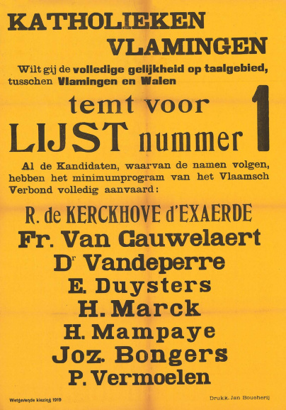 Katholieke verkiezingsaffiche (1919) met de oproep om voor kandidaten te stemmen die het zogenaamde minimumprogramma van het Vlaamsch Verbond hadden aanvaard. (KADOC, kcb000379)