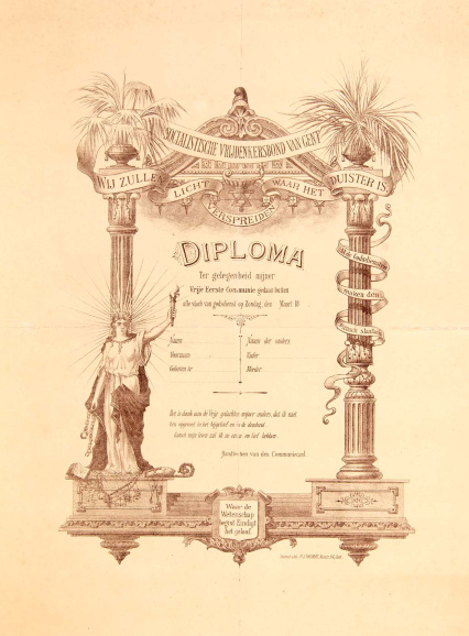 Diploma van de Socialistische Vrijdenkersbond Van Gent naar aanleiding van de viering van een niet-religieuze Eerste Communie, s.d. (Amsab-ISG, dip000219)