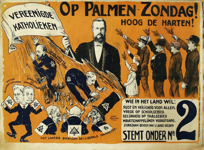 Antisemitische verkiezingsaffiche van de Antwerpse burgemeester en boegbeeld van de katholieke partij Frans van Cauwelaert uit 1925. Zijn liberale tegenstanders werden in verband gebracht met de vrijmetselarij (passer en winkelhaak) en het jodendom (monsterlijke figuren onderaan). Ontwerp: Jan Centen. (Collectie Stad Antwerpen, Letterenhuis, tglhps973)