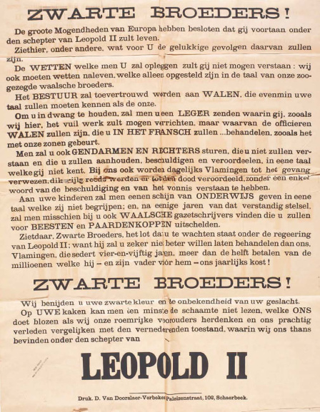 Fragment uit het flamingantisch plakkaat waarin de discriminatie van de Vlamingen in België vergeleken werd met de behandeling van zwarten in de net door koning Leopold II verworven Onafhankelijke Congostaat, 1885. (Universiteitsbibliotheek Gent)