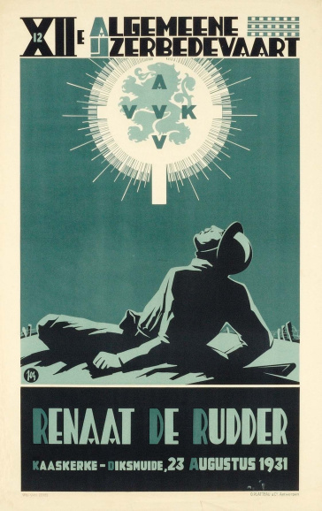 De tot martelaar verheven Vlaamse soldaat Renaat de Rudder op de affiche van de twaalfde IJzerbedevaart, 23 augustus 1931. Ontwerp Jos de Swerts. (ADVN, VAFC8)