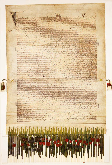 Oorkonde van de militaire en economische unie tussen Vlaanderen en Brabant, op initiatief van Jacob van Artevelde, 3 december 1339. Onderaan hangen de zegels van alle getuigen en van de betrokken steden. (Stadsarchief Gent)