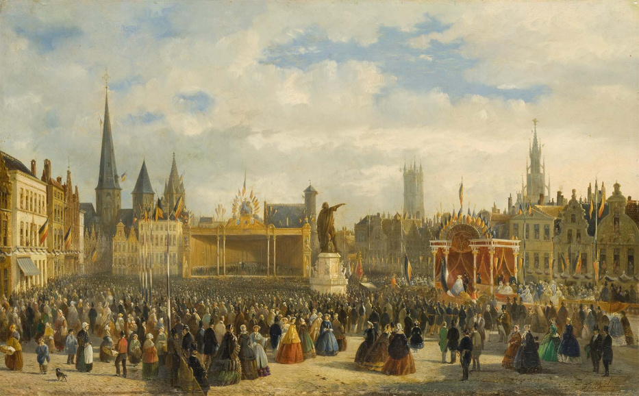 Inhuldiging van het standbeeld van Jacob van Artevelde, vervaardigd door beeldhouwer Pierre de Vigne-Quyo, op de Vrijdagmarkt in Gent, 14 september 1863. Schilder: François Jean Louis Boulanger, 1863. (STAM Gent)