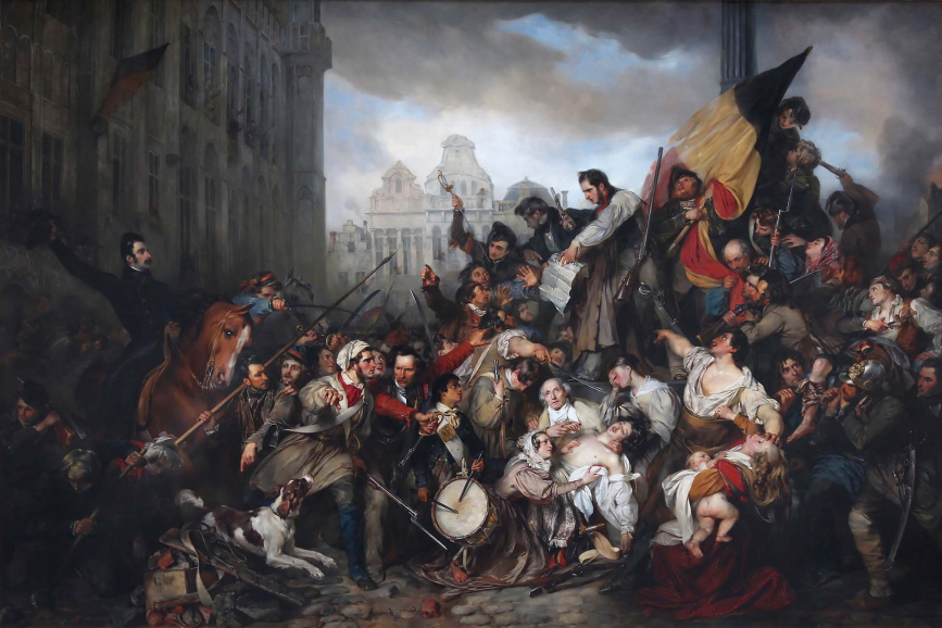 <p>Nationaal-romantische verbeelding van de Belgische Revolutie door Gustave Wappers in zijn <em>Tafereel van de Septemberdagen 1830 op de Grote Markt te Brussel</em> (1835). (Koninklijke Musea voor Schone Kunsten van België)</p>