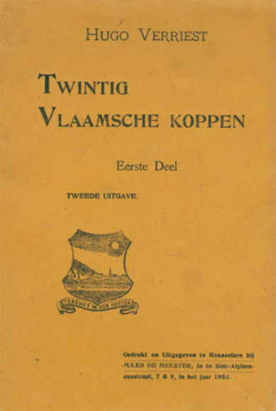 <p>Omslag van de tweede editie (1903) van <em>Twintig Vlaamsche Koppen<em>, een bundeling van biografische essays over Vlaamse schrijvers en dichters, hoofdzakelijk uit de vriendenkring van Verriest. (ADVN, VB667)</p>
