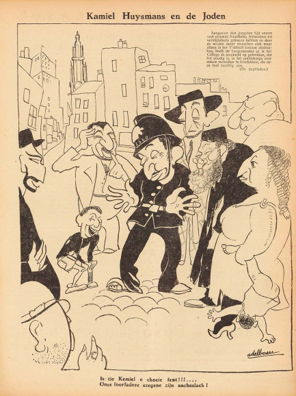 <p>‘Kamiel Huysmans en de Joden’. Met deze antisemitische spotprent van André Delbaere verweet het katholieke weekblad <em>Hooger Leven</em> in 1935 de pro-Joodse houding van de Antwerpse socialistische schepen Camille Huysmans. (Kazerne Dossin)</p>
