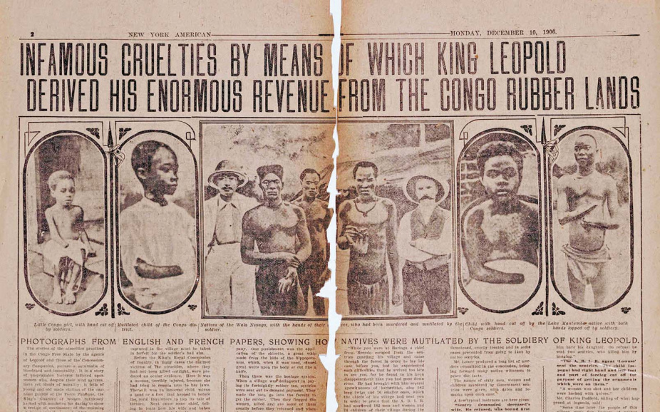 <p>Aanklacht tegen de wrede mishandelingen van de plaatselijke bevolking in de Congolose rubber- en ivoorexploitatie, in de Amerikaanse krant <em>New York American</em>, 10 december 1904. (Archief Koninklijk Paleis)</p>