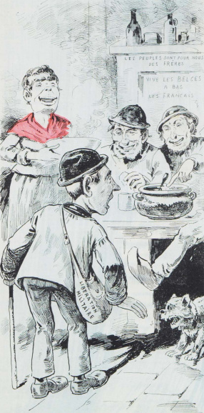 <p>Een Franse mijnwerker die net zijn legerdienst heeft beëindigd stelt vast dat zijn job werd ingepikt door Belgen die hem grijnzend de deur wijzen. Spotprent uit de Franse krant <em>Le Grelot</em>, 4 september 1892.</p>