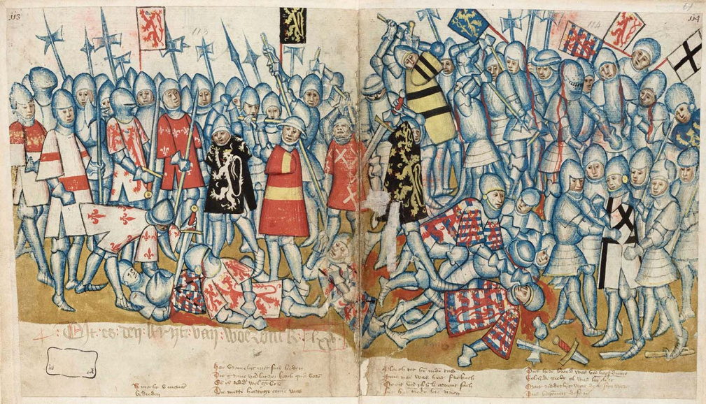<p>Weergave van de slag bij Woeringen (1288) in de <em>Brabantsche Yeesten</em> (eerste helft 14<sup>de</sup> eeuw) van de Antwerpse schepenklerk Jan van Boendaele. Hertog Jan I won de slag en vestigde zo de Brabantse suprematie in de Lage Landen. (Koninklijke Bibliotheek van België)&nbsp;&nbsp;</p>