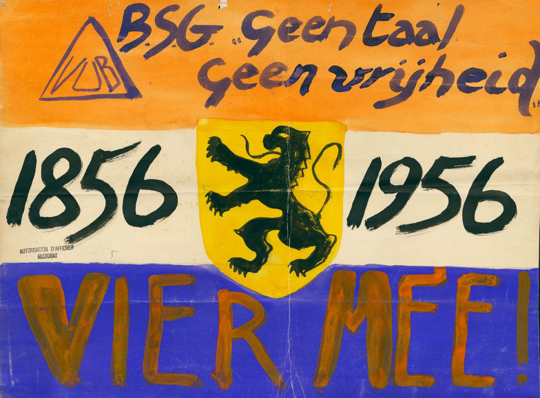 Geschilderde affiche ter gelegenheid van het Eeuwfeest van het studentengenootschap Geen Taal Geen Vrijheid, 1956. (ADVN, VMU23)