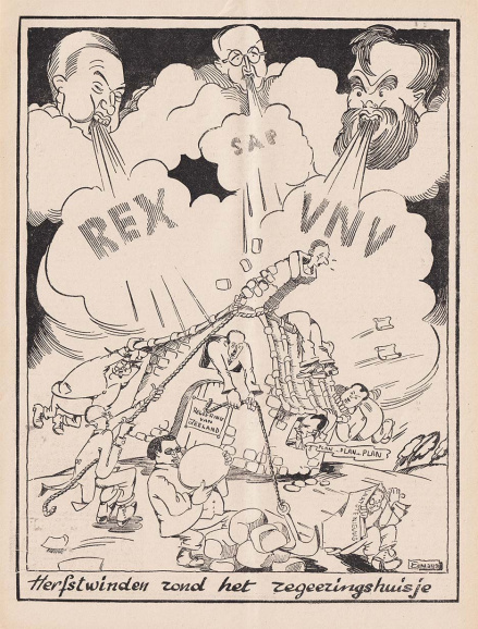 <p>De regering-Van Zeeland werd geconfronteerd met een stevige oppositie. Karikatuur van tekenaar Eugeen Hermans in het katholieke weekblad <em>Hooger Leven</em>, 24 oktober 1936.</p>