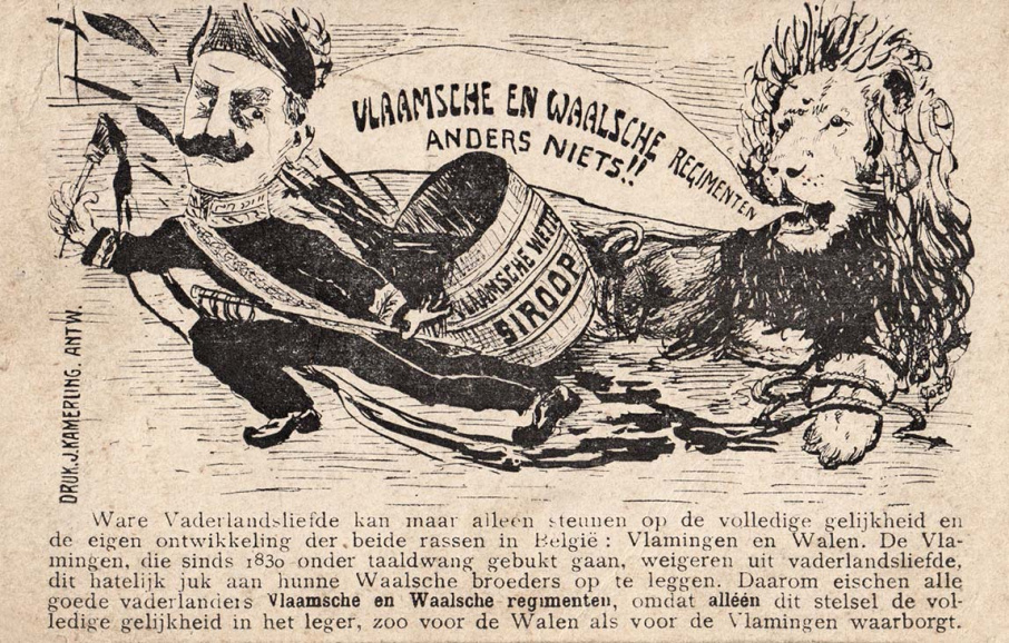 Deze in Antwerpen verspreidde spotprent toont een Vlaamse leeuw die zich door eerste minister Charles de Broqueville geen stroop om de mond laat smeren en luid Vlaamse en Waalse regimenten eist, 1913. (Collectie Stad Antwerpen, Letterenhuis)