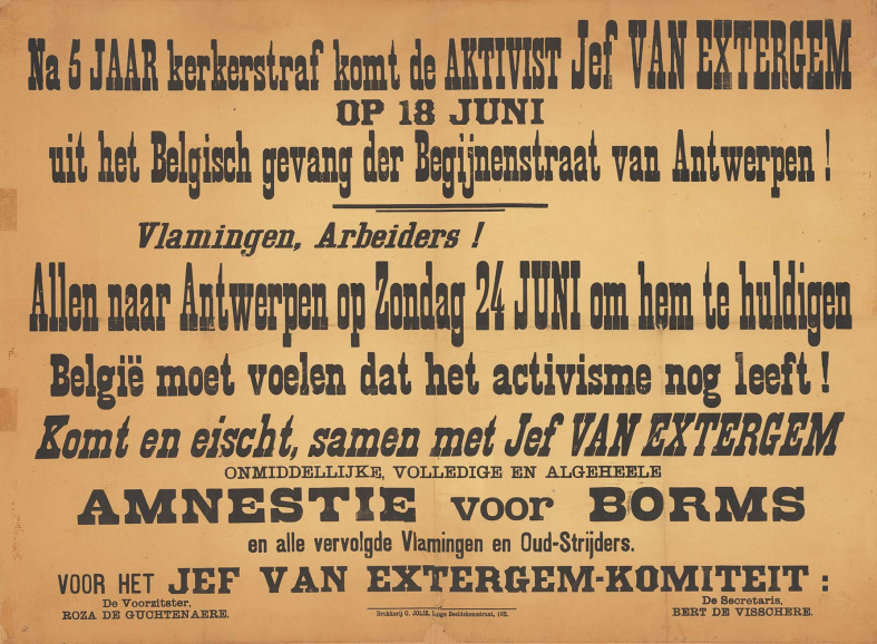Het Van Extergem-Komiteit roept Vlamingen en arbeiders op om Van Extergem te huldigen en amnestie te eisen voor August Borms, juni 1928. (Collectie Stad Antwerpen, Letterenhuis, tglhps2316)
