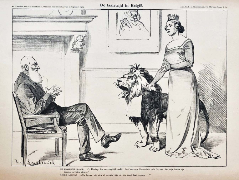 <p>Johan Braakensiek becommentarieerde in het Nederlandse weekblad <em>De Amsterdammer</em> (11 september 1904) de ‘taalstrijd in België’. De Vlaamse maagd vraagt aandacht voor de vernederlandsing van de Gentse Rijksuniversiteit. Koning Leopold II is weinig onder de indruk van haar tandeloze leeuw. (Collectie Stad Antwerpen, Letterenhuis, tglhph35982)</p>