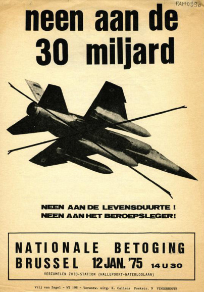 Oproep tot betoging tegen de aankoop van gevechtsvliegtuigen, 1975. (Collectie Universiteitsarchief Gent)