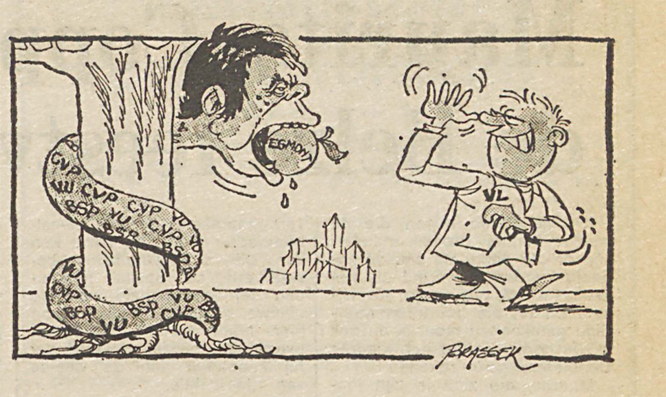 <p>Een groot deel van de Vlaamse beweging verwerpt het Egmontpact. Cartoon Brasser, gepubliceerd in <em>’t Pallieterke</em>, 27 oktober 1977. (ADVN, VY900002)</p>