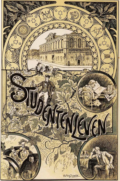 <p>Deze prent van Pieter Dierickx uit het <em>Studentenliederboek</em> (1899) toont de Universiteitshal, de emblemen van de faculteiten en de student in vier ‘toestanden’: de verstokte blokker, de studentikoze, de gebuisde en de triomferende student. (Universiteitsarchief KU Leuven)</p>