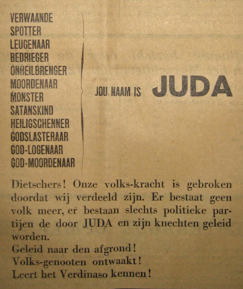<p>Antisemitisme in <em>Hier Dinaso!</em>, het partijweekblad van het Verdinaso, 15 september 1934. (Universiteitsbibliotheek Gent)</p>