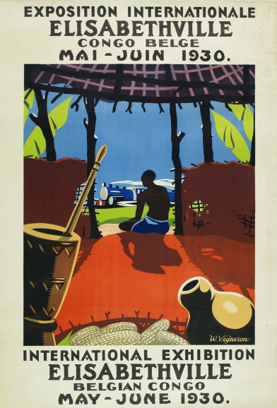 België presenteerde zich op deze affiche naar aanleiding van de internationale tentoonstelling in Elisabethstad (Lubumbashi) van 1931, als de brenger van vooruitgang in Congo. (Collectie Stad Antwerpen, Letterenhuis, tglhps36559)