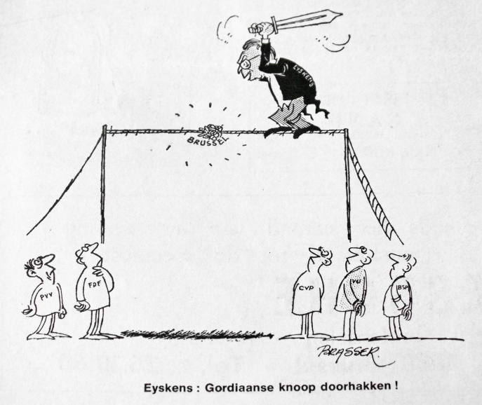 <p>Premier Eyskens slaagde er tijdens de eerste staatshervorming niet in om de gordiaanse knoop ‘Brussel’ door te hakken. Dat zou pas tijdens de derde staatshervorming gebeuren. Cartoon van Brasser in <em>De Brusselse Post</em>, 1970. (ADVN, VY900066)</p>