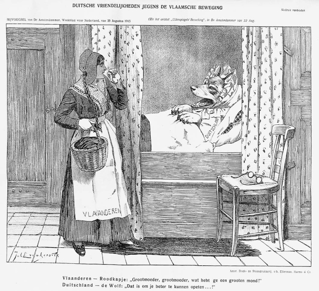 <p>Spotprent in <em>Vrij Belgi&euml;</em> (10 september 1915) die waarschuwt voor de ware bedoelingen van de Duitse Flamenpolitik. (Ergoedbibliotheek Hendrik Conscience)</p>