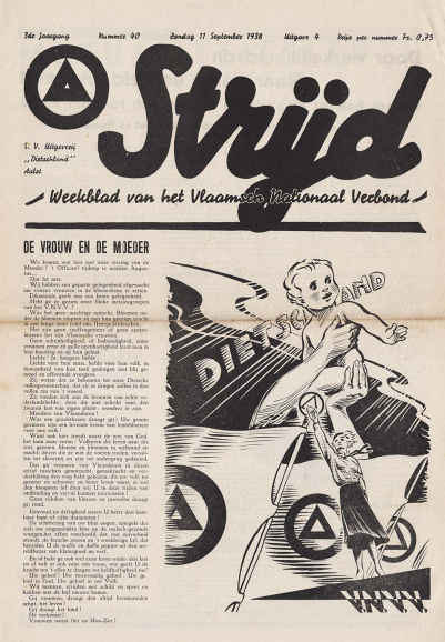 <p>Mannen ‘strijden’ en vrouwen hebben de ‘plicht moeders te zijn’, aldus het VNV-weekblad <em>Strijd</em>, 11 september 1938. (ADVN, VY900000/1218)</p>