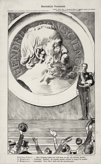 <p>Albert I was de eerste vorst die bij verschillende publieke gelegenheden Nederlands sprak. Zo gaf hij op de groots opgezette Conscience-herdenking in Antwerpen op 11 augustus 1912 een redevoering in het Nederlands. Tekening van Johan Braakensiek in <em>De Amsterdammer</em>, 12 augustus 1912. (Collectie Stad Antwerpen, Letterenhuis, tglhpr9314)</p>
