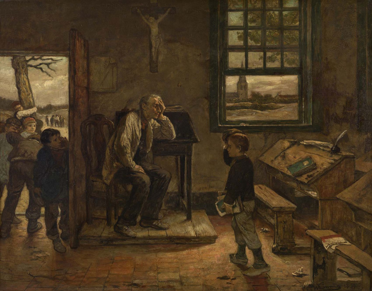 Het einde van de schooldag in een dorpsschooltje, geschilderd door Willem Linnig I, ca. 1875 (Koninklijk Museum voor Schone Kunsten Antwerpen). Het onderwijs schoot in België tekort als natievormende instelling door het vaak ondermaatse niveau van de lager school, evenals de zeer laattijdige invoer van de leerplicht (1914).
