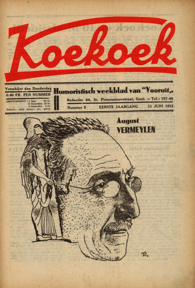 <p>August Vermeylen, getekend door Jozef Cantré, op de omslag van het humoristische weekblad <em>Koekoek</em>, 11 juni 1931. Cantré beelde Vermeylen af als Zeus, uit wiens hoofd Athena, de godin van onder meer de wijsheid en beschaving, werd geboren. (Amsab-ISG)</p>