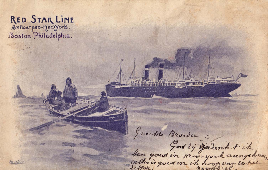 Een emigrant laat via een postkaart van de scheepsvaartmaatschappij Red Star Line weten aan zijn broer dat hij ‘god zij gedankt’ goed in New York is aangekomen. ‘Alles is goed en ik hoop van u hetzelfde.’ (ADVN, VPR1480)