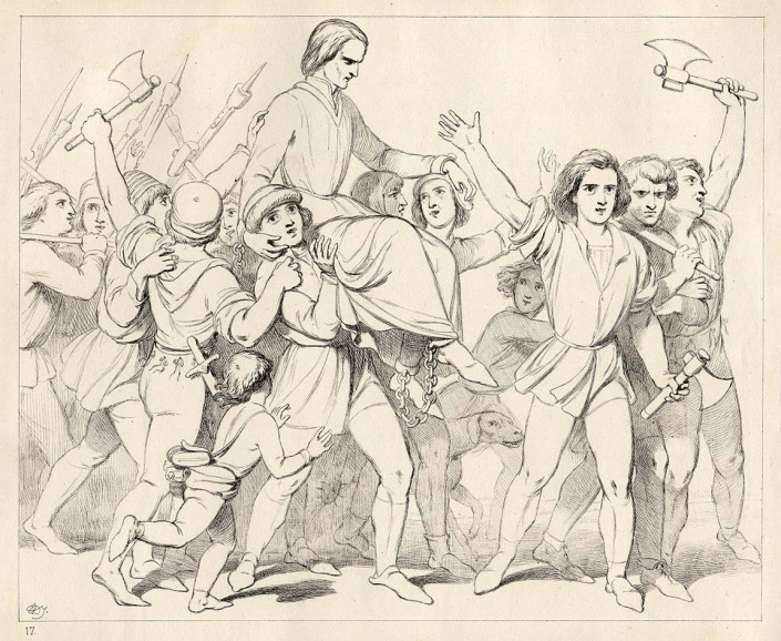 <p>Illustratie van Edward Dujardin voor <em>De Leeuw van Vlaanderen</em> van Hendrik Conscience, 1850. (Collectie Stad Antwerpen, Letterenhuis, tglhpr518)</p>