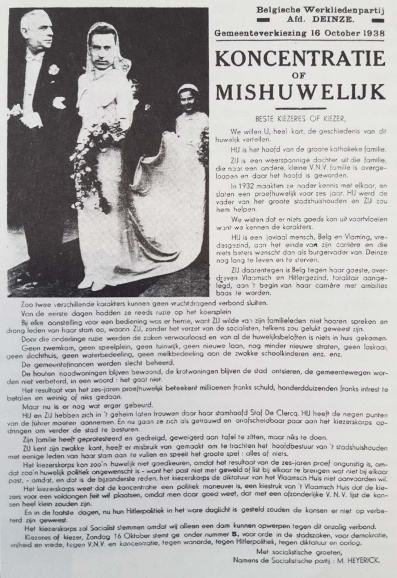 Tijdens de gemeenteraadsverkiezingen van 1938 voerde de socialistische partij in Deinze hevig actie tegen de concentratielijst van KVV en VNV. De bruid in dit pamflet is Luc Matthys, VNV-schepen en ondervoorzitter van de provincieraad. (Amsab-ISG)