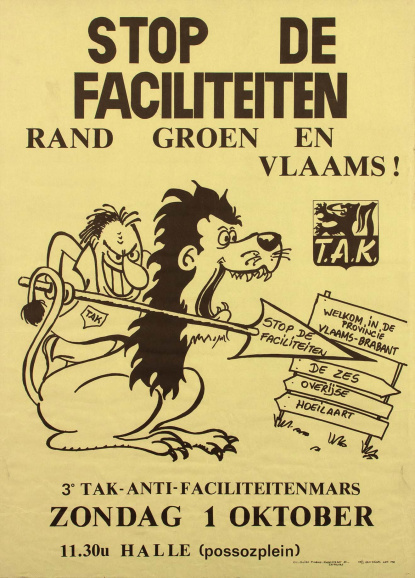 De faciliteiten in de zes gemeenten rond Brussel waren een doorn in het oog van veel Vlaamsgezinden. Vooral het Taal Aktiekomitee (TAK) voerde hiertegen jarenlang vaak heftig actie, 1989. (ADVN, VAFA1488)