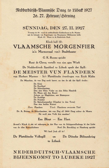 Programma van een Nederduitsch-Vlaamsche dag in Lübeck, georganiseerd door de Plattdütsche Volksgill en de Dütsche Bühnenkring. (ADVN, D12803)