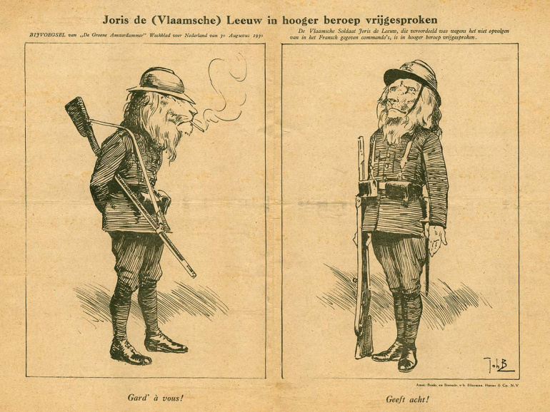 <p>Het Nederlandse weekblad <em>De Groene Amsterdammer</em> (30 augustus 1930) stelde Joris de Leeuw voor als een ‘Vlaamse leeuw’ die weigerde Franstalige bevelen uit te voeren. (ADVN, D12488)</p>