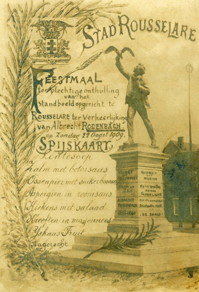 Spijskaart van het feestmaal ter gelegenheid van de plechtige inhuldiging van het standbeeld van Albrecht Rodenbach in Roeselare op 22 augustus 1909. (ADVN, VFAL2124)
