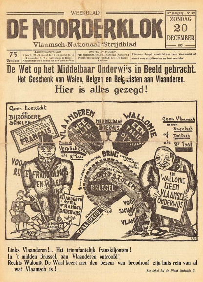 <p>Anti-Belgische militanten hekelden telkens scherp de taalwetgeving. Zo stelde het weekblad <em>De Noorderklok</em> dat de taalwet van 1932 de verfransing niet zou tegenhouden, maar net bevorderen, met het verder opschuiven van de taalgrens in noordelijke richting tot gevolg. (ADVN, VY900010)</p>