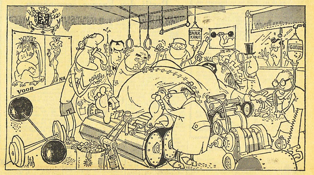 <p>Het weekblad <em>’t Pallieterke</em> (25 oktober 1962) steekt de draak met de institutionele hervormingen van de katholiek-socialistische regering-Lefèvre. Aan de muur links hangt de beoogde transformatie. Rechts kijkt koning Boudewijn ongerust toe. Tekening Stef Vanstiphout. (ADVN, VY90002)</p>