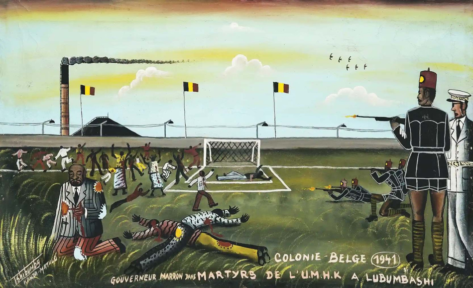 Bloedige repressie van de staking van 1941 in Elisabethstad (Lubumbashi), geschilderd door Tshibumba Kanda-Matulu, jaren 1970.