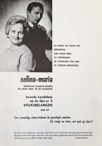 Celina-Maria Geurts kwam bij de gemeenteraadsverkiezingen van 11 oktober 1964 op in de plaats van haar man Jozef Olaerts die als voormalige oorlogsburgemeester van Genk zijn burgerrechten had verloren. Verkiezingsbrochure, 1964. (ADVN, D2930)