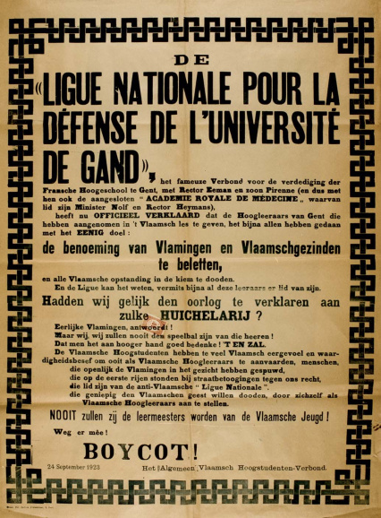 Het AMVS aanvaardde geen geleidelijke vernederlandsing omdat die te veel anti-flamingantische hoogleraren op hun post zou laten. Het kondigde daarom in 1923 een boycot af. (ADVN, VFBY86)