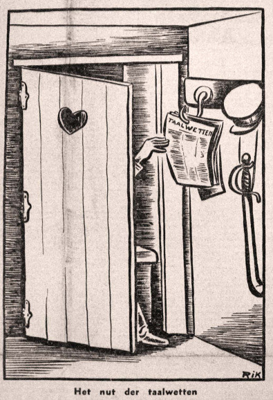 <p>Cartoonist Rik toonde zich in <em>VOS</em> (16 januari 1938), het weekblad van het Verbond der Vlaamsche Oud-strijders, weinig optimistisch over het naleven van de taalwet in het leger. (ADVN, VY900030)</p>