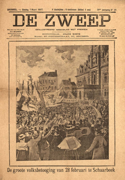 <p>De vraag naar taalkundige gelijkheid klonk steeds luider. Op 7 maart 1897 berichtte het Brusselse weekblad <em>De Zweep</em> over een grote manifestatie in Schaarbeek voor de zogenaamde gelijkheidswet. De opschudding hierrond droeg bij tot een ontluikend Vlaams natiebesef. (Universiteitsbibliotheek Gent)</p>
