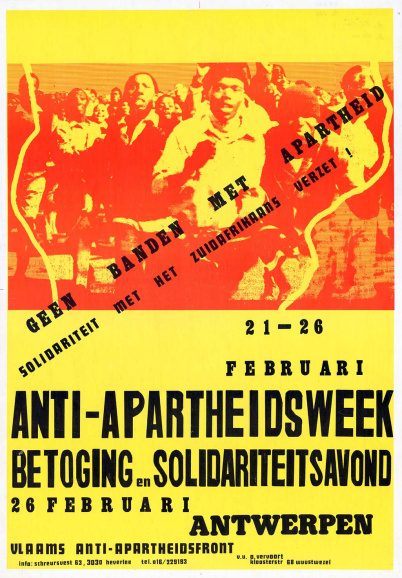 Affiche uitgegeven door het Vlaams Anti-Apartheidsfront (VAAF) tegen apartheid: 'Geen banden met apartheid. Solidariteit met het Zuidafrikaans verzet!', 1977. (Amsab-ISG, af000146)
