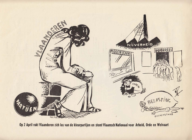 VNV-verkiezingsbrochure uit 1939 waarin Joden werden voorgesteld als de doodgravers van de Vlaamse middenstand. (ADVN, VBRC355)